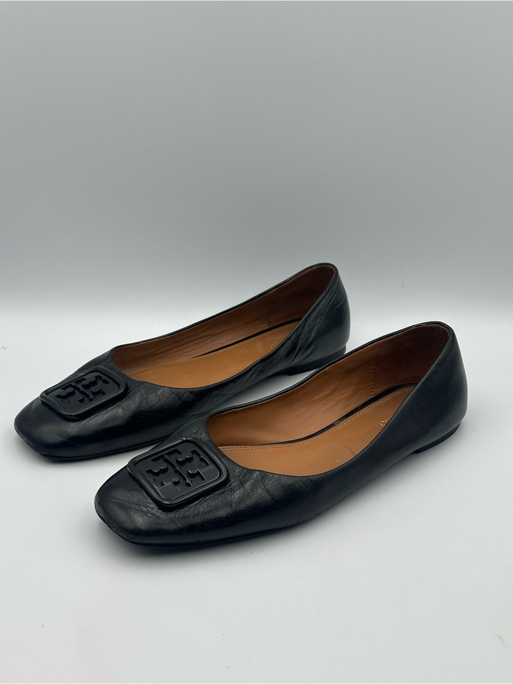 Tory Burch Georgia Ballet Flats Wrinkle Leather Square Toe Black Shoes Size 9M